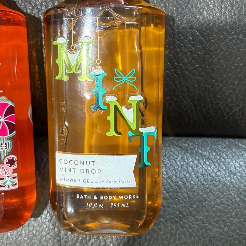 Bath and body holiday shower gels in Christmas cookies and coconut mint drop